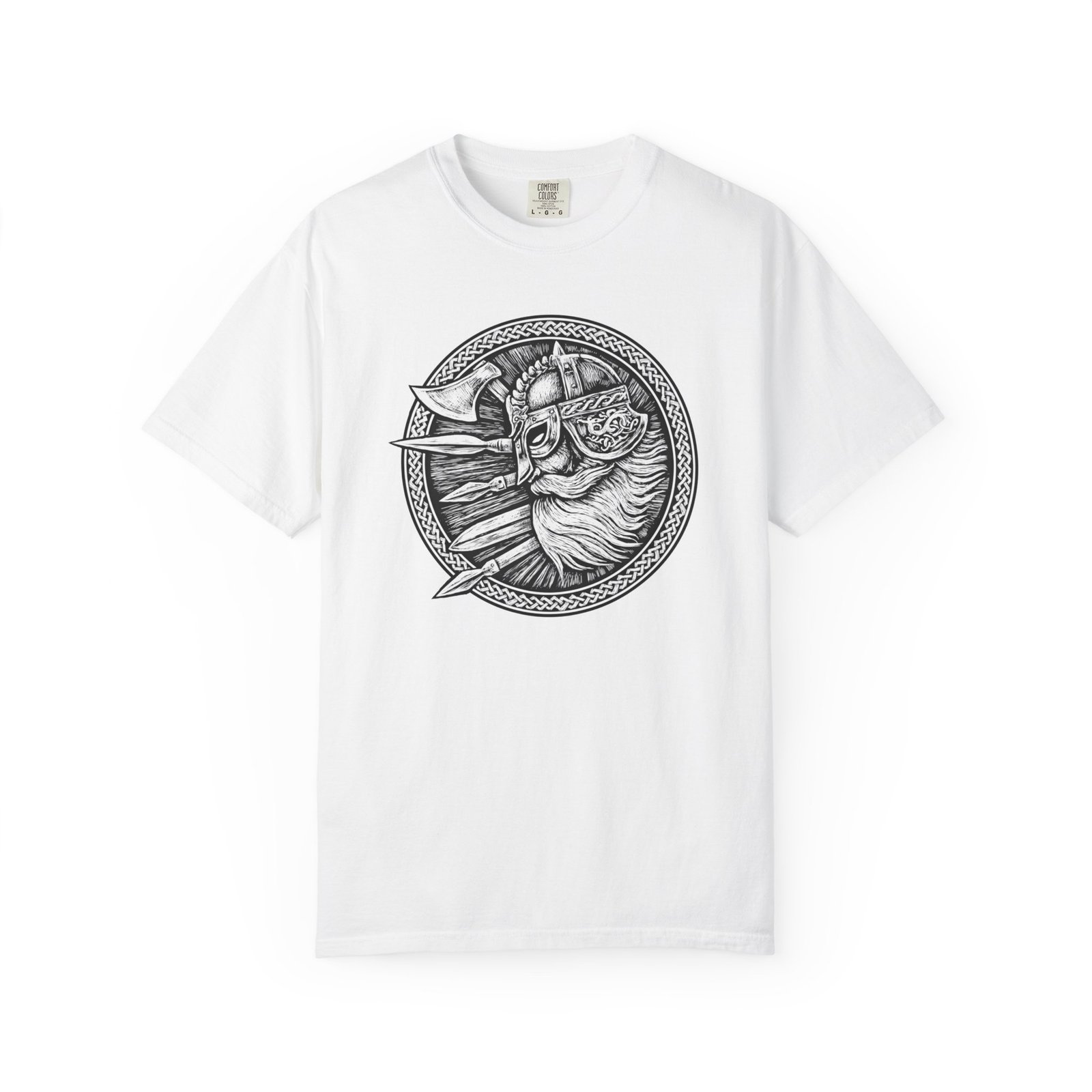 Viking Warrior Shield T-Shirt — Norse Helmet & Axes Illustration - Image 3