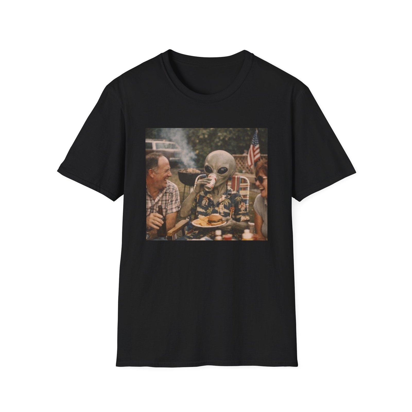 Alien BBQ T-Shirt — Retro Funny UFO Picnic Tee - Image 3